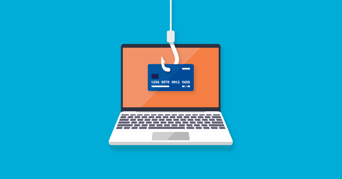 image of a laptop with a credit card being snagged by a fish hook