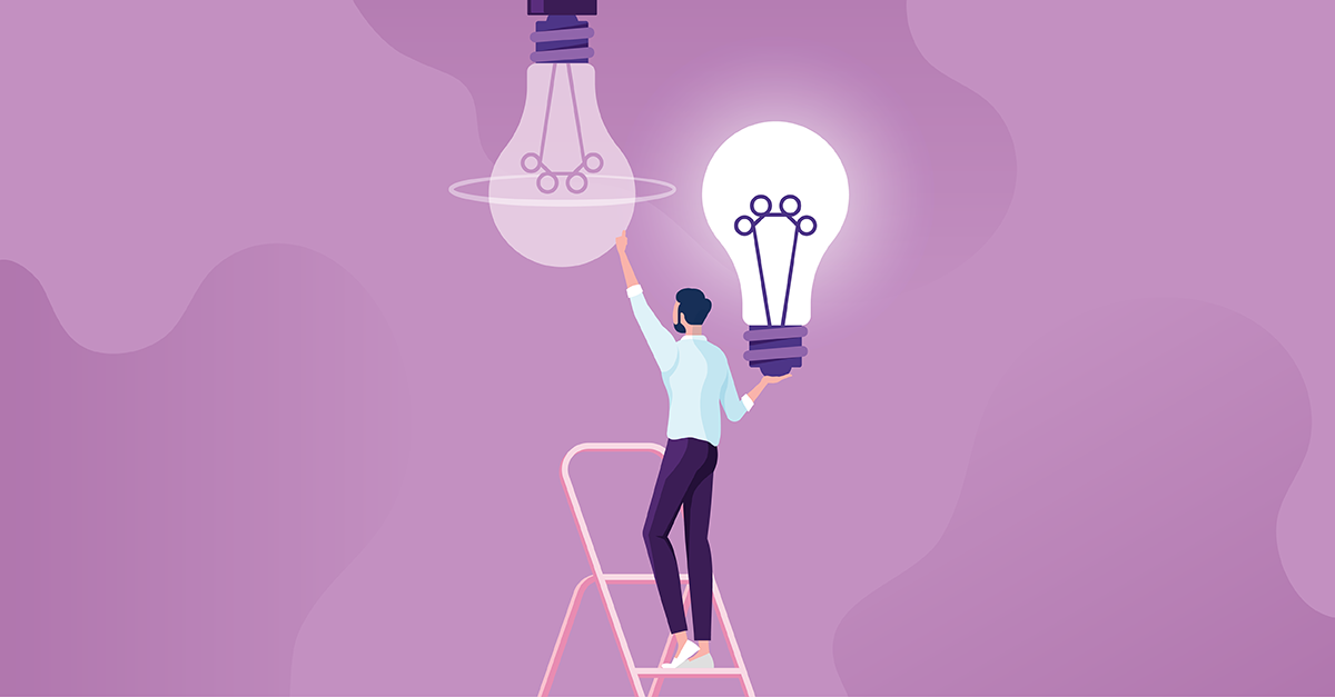 Illustration of man on a ladder, changing a lightbulb