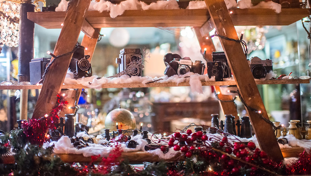 Three-tier shelf with holiday display